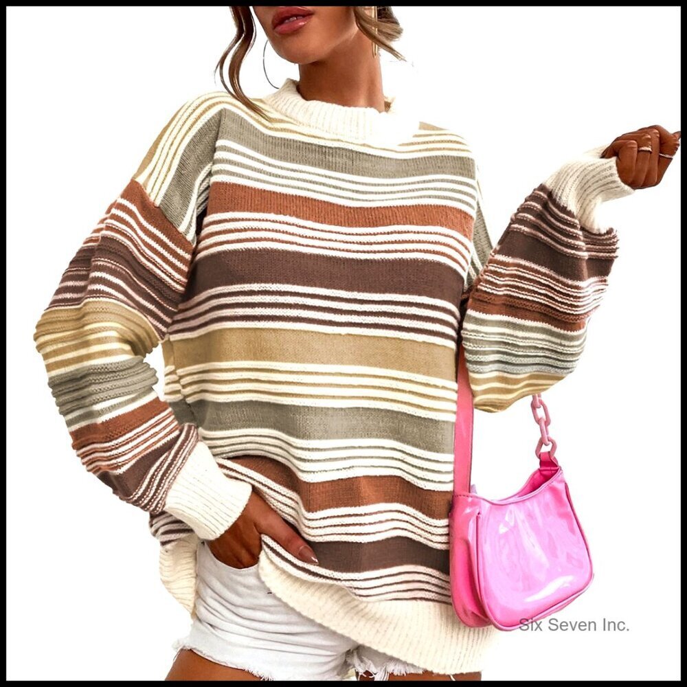 Oversized Cable Knit Pullover Sweater Color Block Striped Crew Neck Y2K
